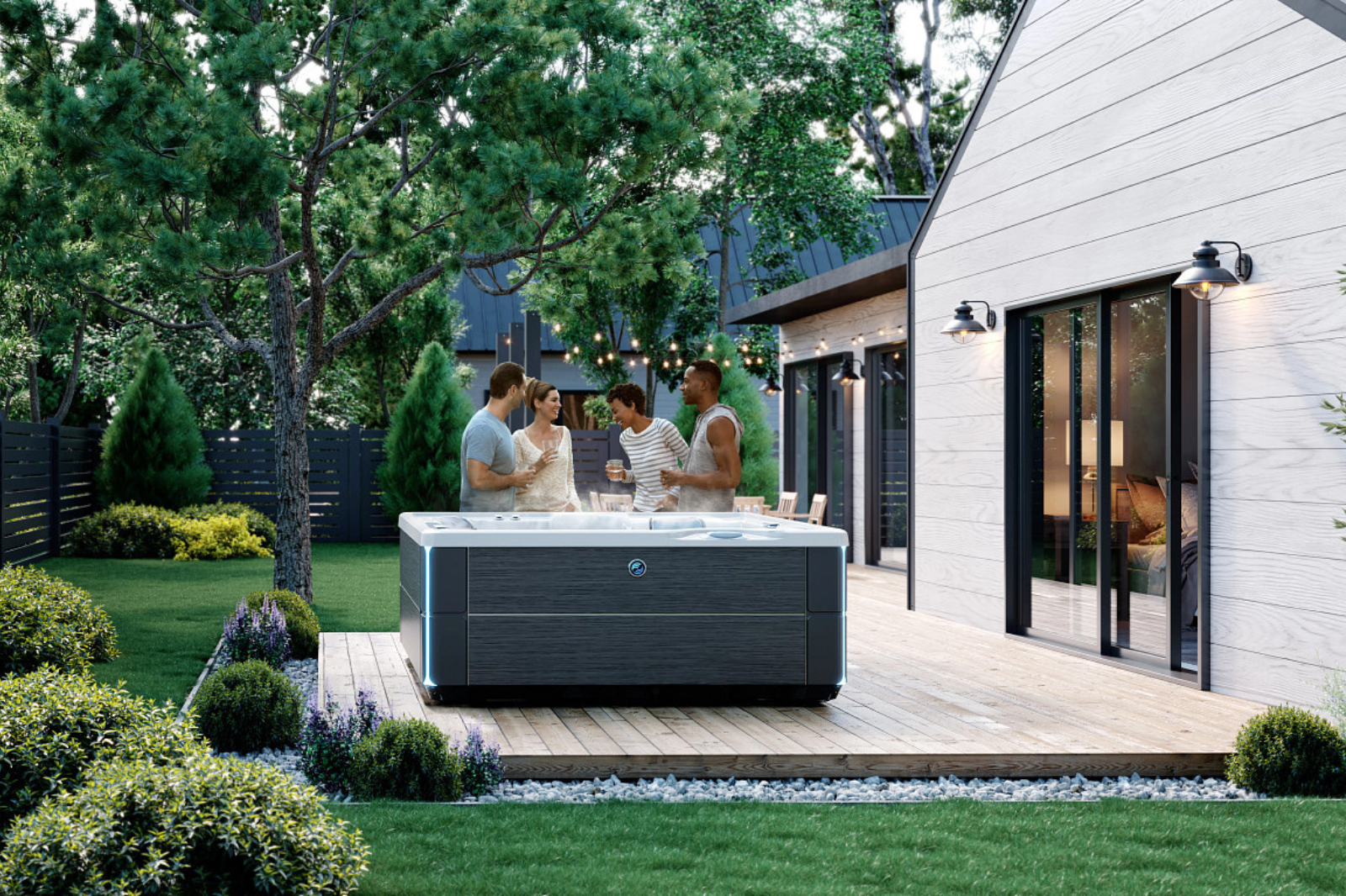 Highlife jacuzzi op een modern terras, klaar voor een gezellige avond met vrienden.